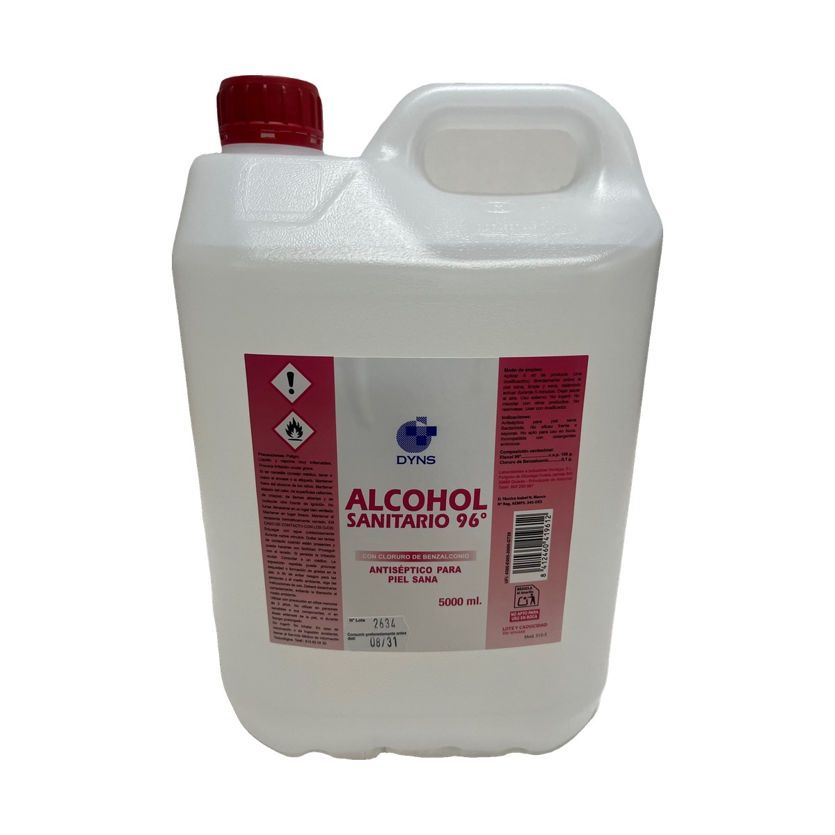 Alcohol sanitario 96º · garrafa de 5 litros